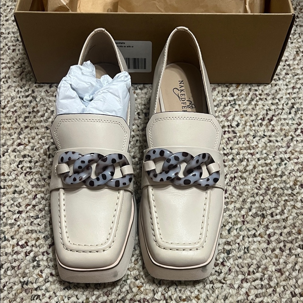 Naked Feet Cream Loafers with Patterned Chain